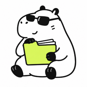 정보 폴더를 안고 선글라스를 쓴 생활데스크 캐릭터 모아